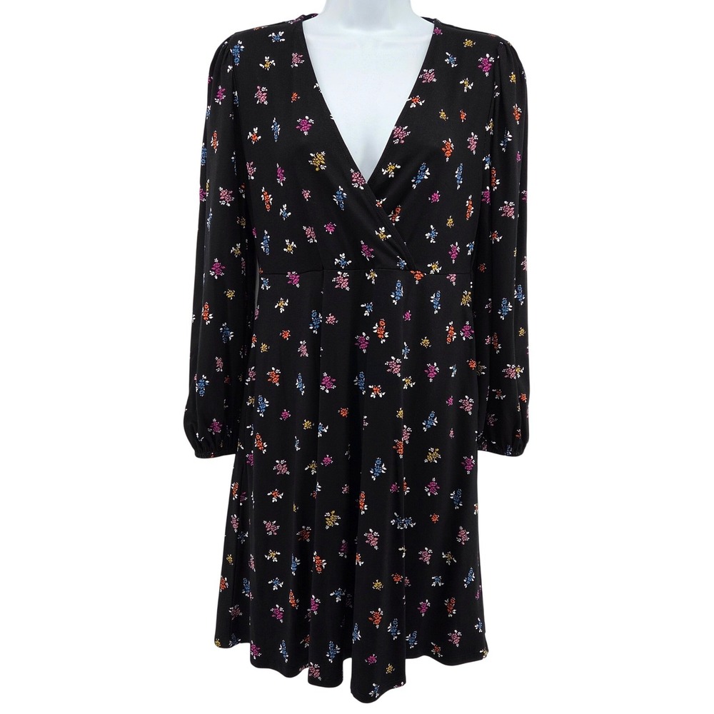 Boden Black Dainty Floral Wrap Dress Long Sleeve V Neck Midi Pockets 8P‎ - Picture 2 of 12